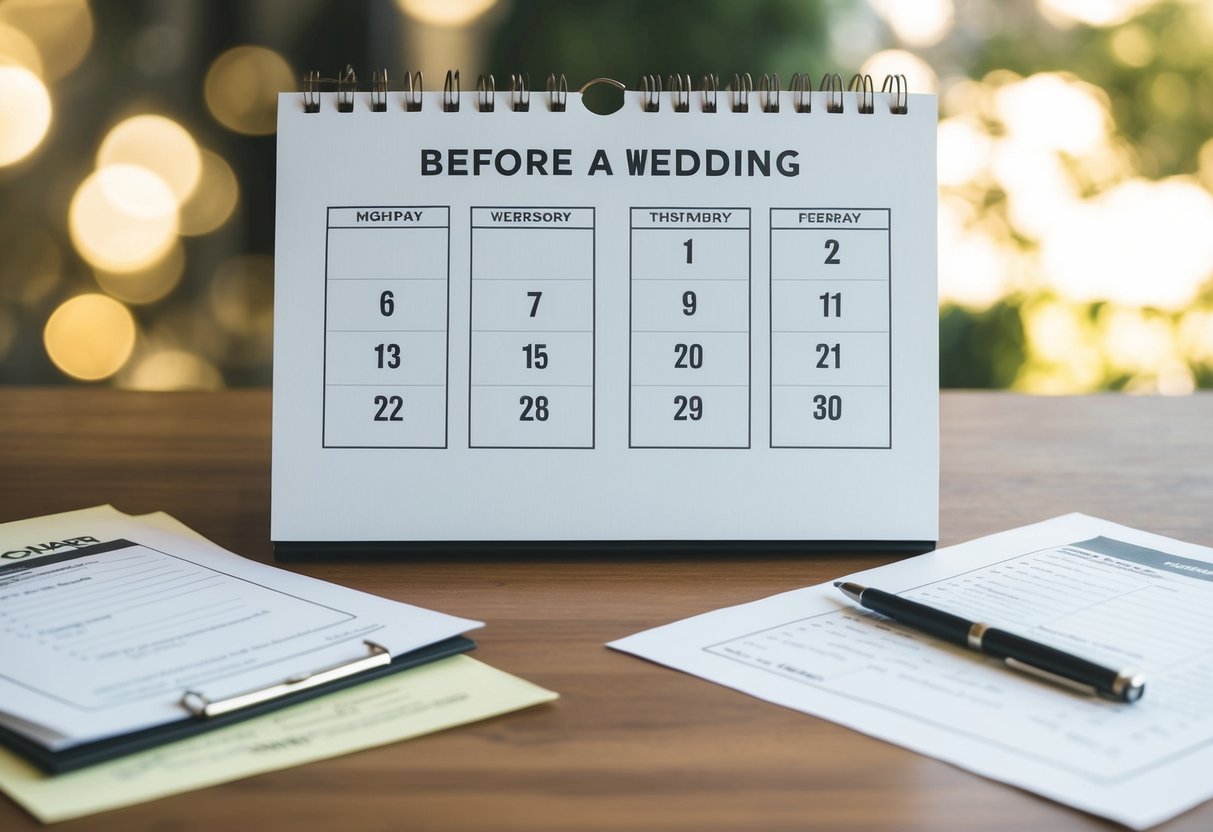 A calendar with two months before a wedding marked. Papers, contracts, and checklists scattered on a desk. A pen ready to be used