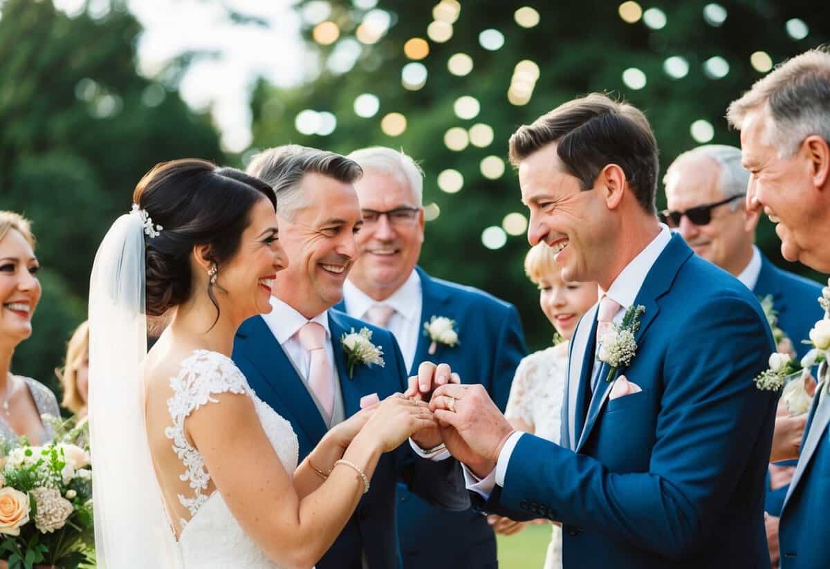 A happy couple and their families exchanging rings and celebrating at a wedding ceremony