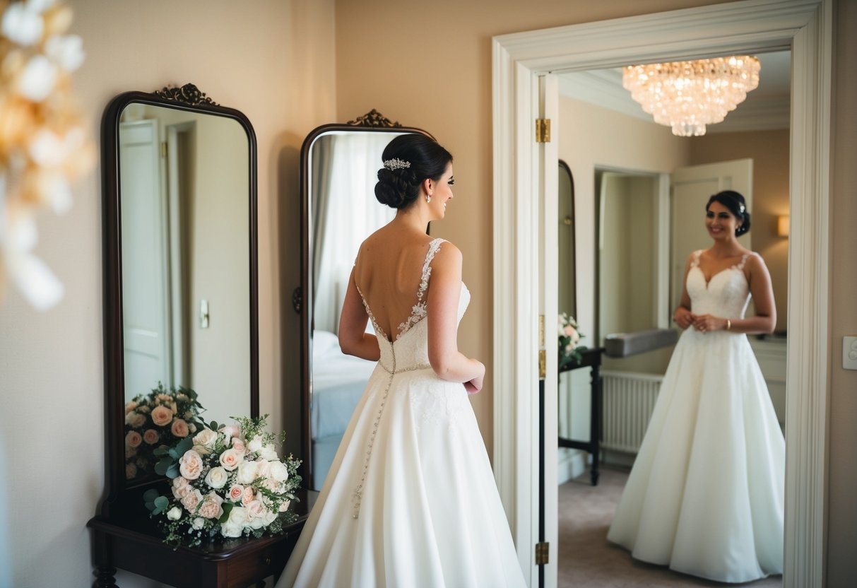 The bride should put her dress on in a softly lit, elegant dressing room with a full-length mirror and a bouquet of flowers on a nearby table