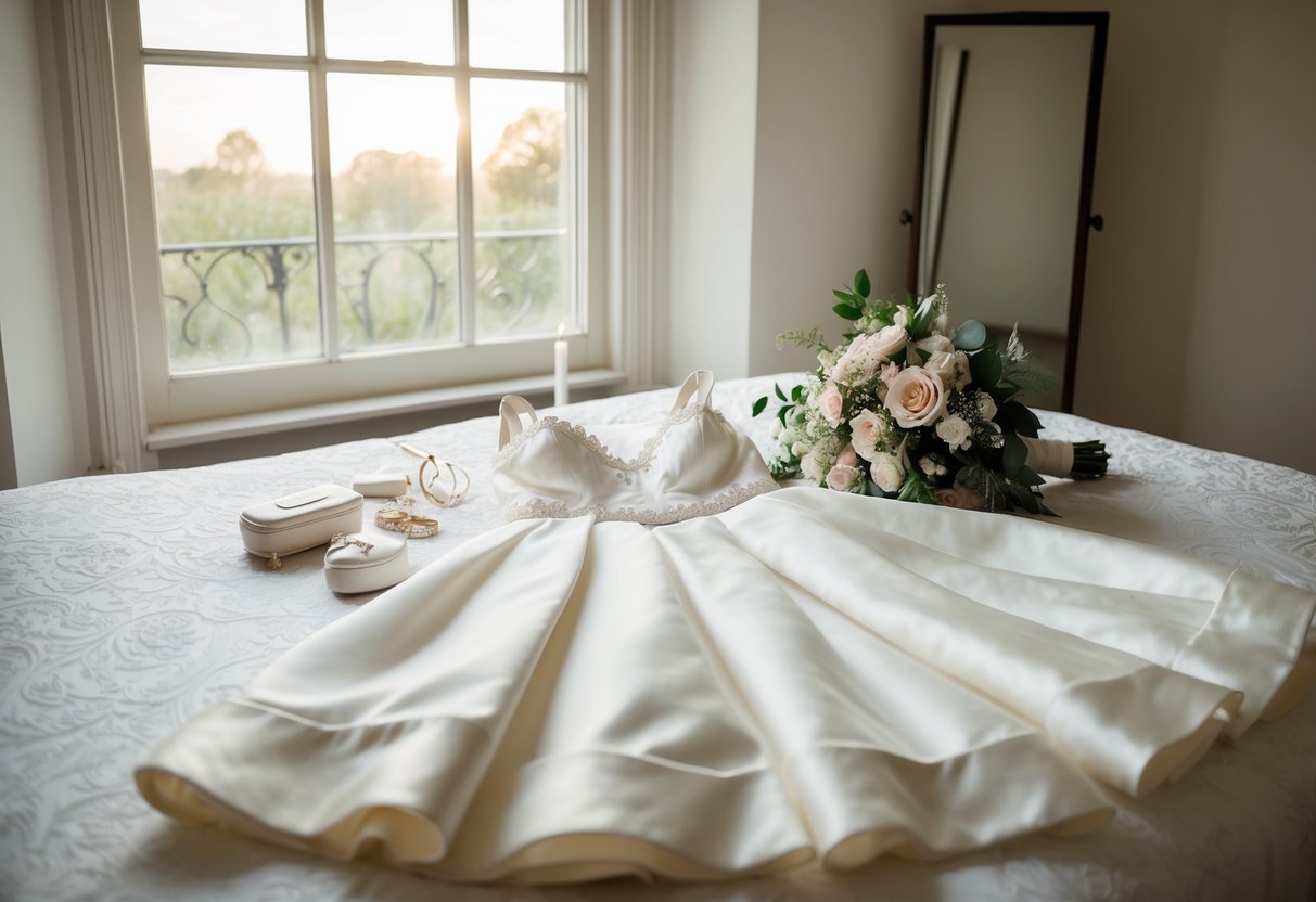 The bride's wedding dress laid out on a bed, surrounded by delicate accessories and a bouquet of flowers, as the morning light streams through the window