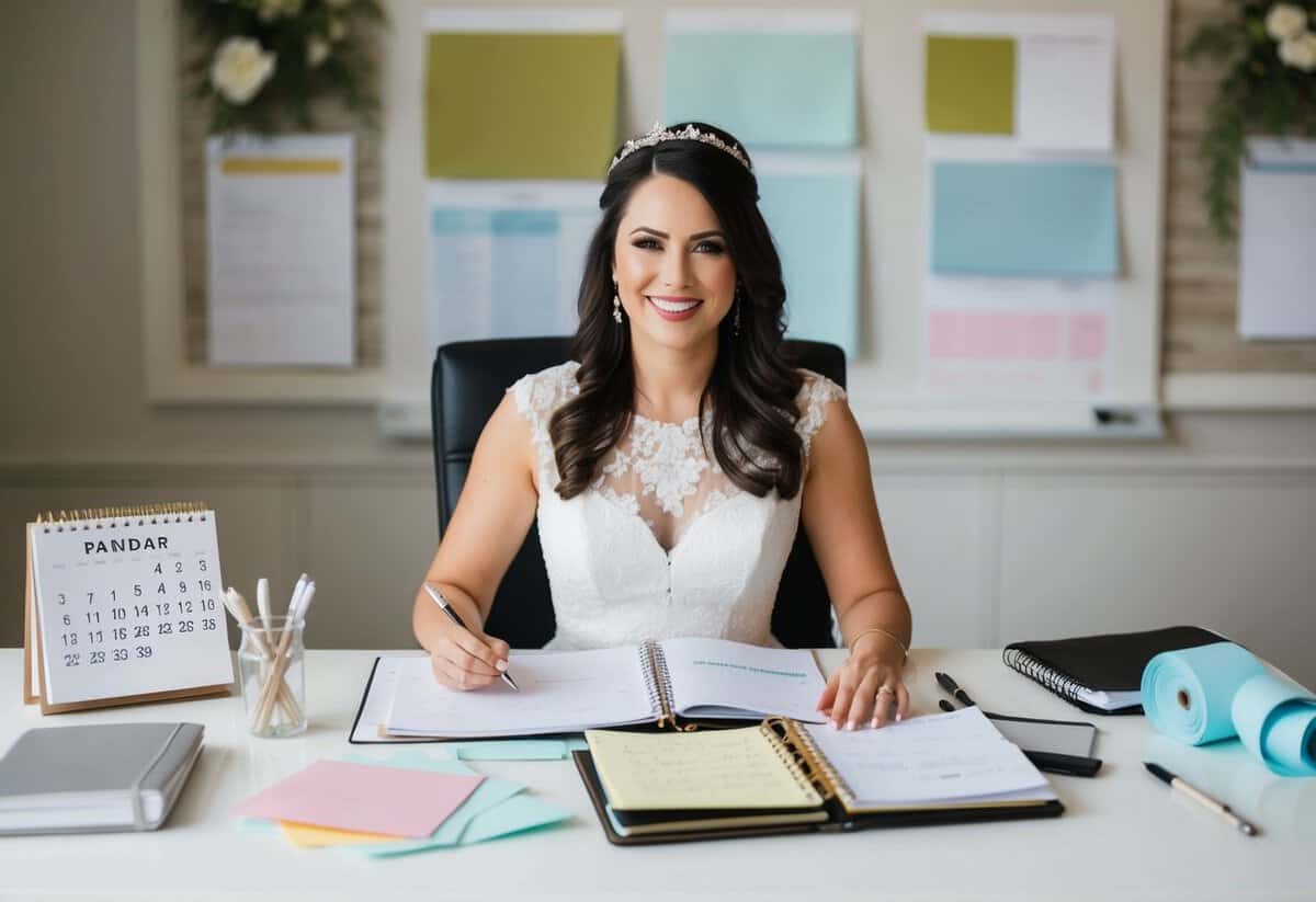 A bride-to-be sitting at a desk surrounded by wedding planning materials, including a calendar, swatches of fabric, and a notebook filled with notes and ideas