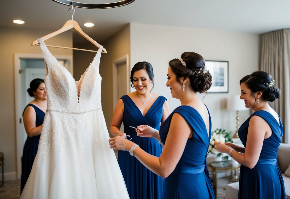 The bride's gown hangs on a hanger, while her bridal party helps her with final touches