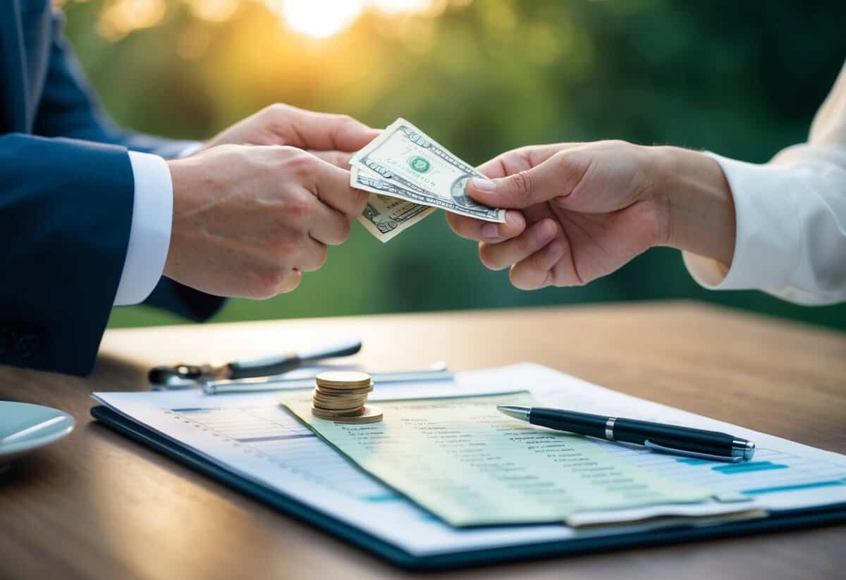 A couple's hands exchanging money and a budgeting spreadsheet with wedding-related expenses