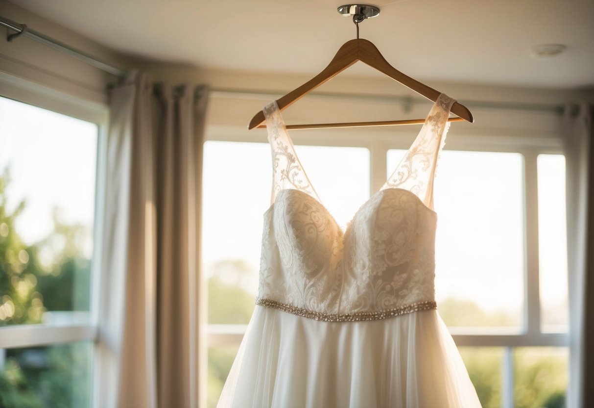 The bride's dress hangs on a hanger, bathed in soft, natural light, as she prepares to put it on for the ceremony