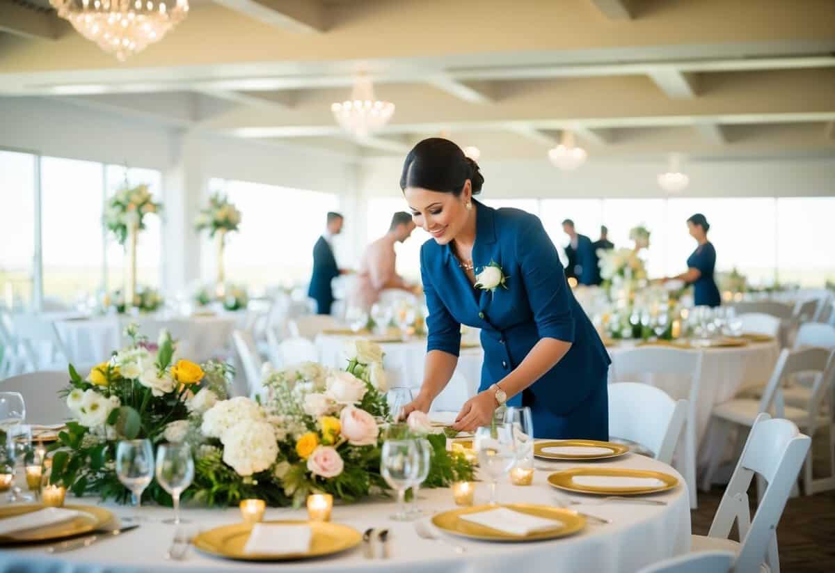 A busy wedding planner organizing decorations, flowers, and seating arrangements in a bright, spacious venue three months before the big day