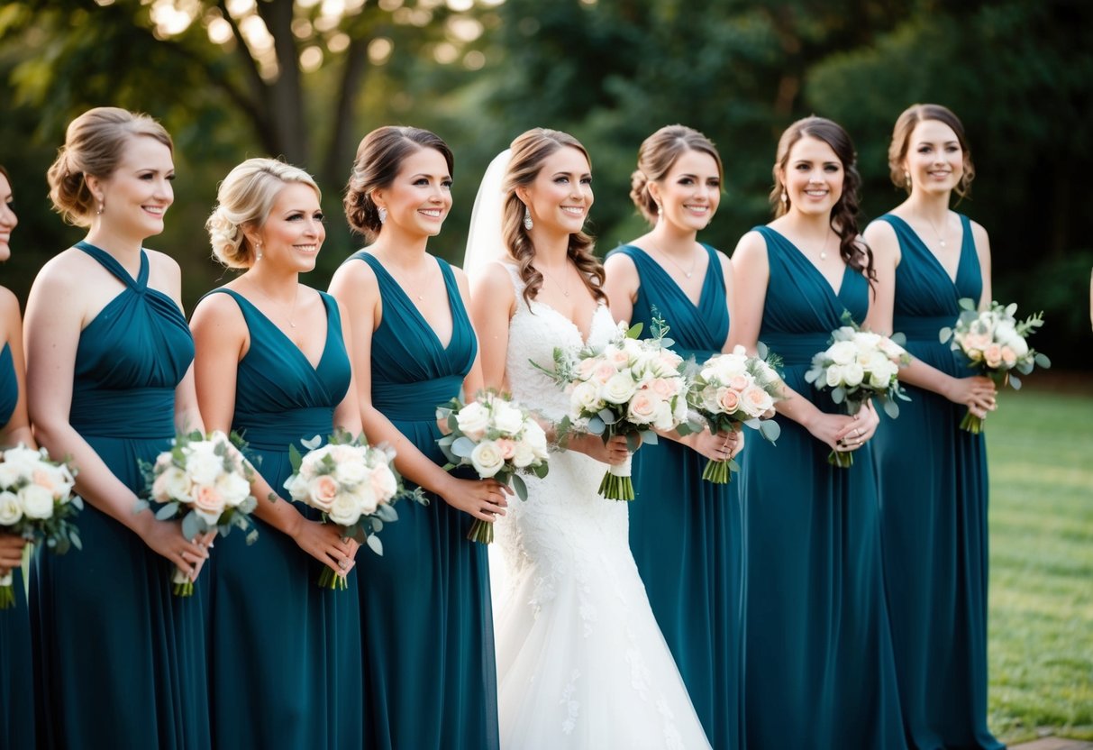 Seven bridesmaids stand in a line, each holding a bouquet, smiling as they watch the bride walk down the aisle