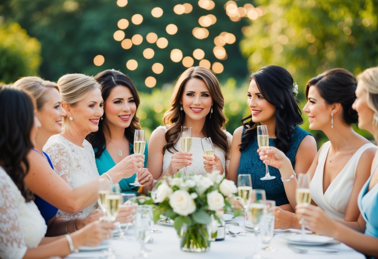 A group of women gathered around a table, sipping champagne and discussing wedding plans
