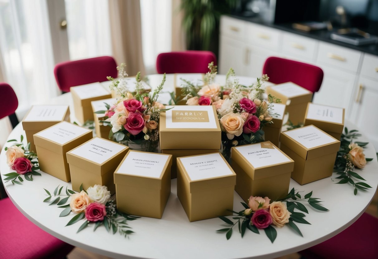 A group of bridesmaid proposal boxes arranged on a table, each with a personalized gift and a note, surrounded by floral decorations