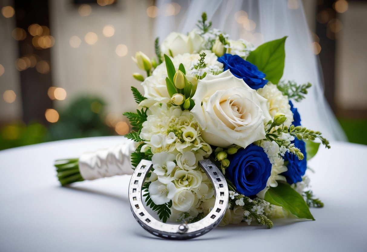 A bride's bouquet, a silver sixpence, a horseshoe, and something blue for good luck