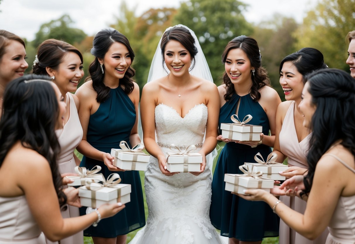 A bride surrounded by friends, presenting them with personalized gifts, asking them to be her bridesmaids