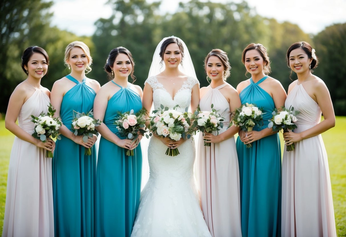 Several bridesmaids in matching dresses stand alongside the bride, holding bouquets, as they pose for photos at the pre-wedding event