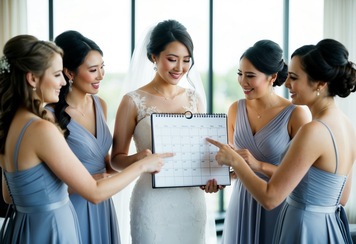 A bride holding a calendar, surrounded by her bridesmaids, pointing to a specific date and discussing plans