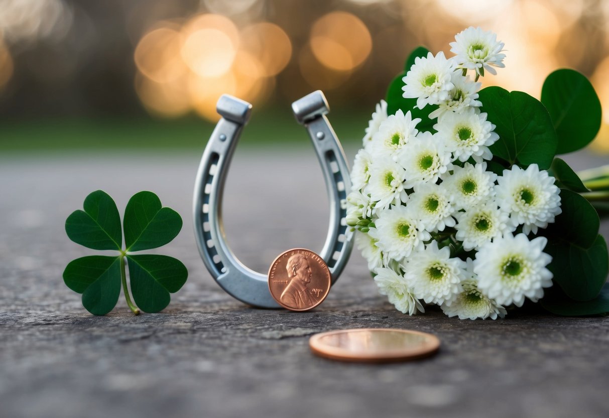 A horseshoe, a four-leaf clover, a lucky penny, and a bouquet of white flowers