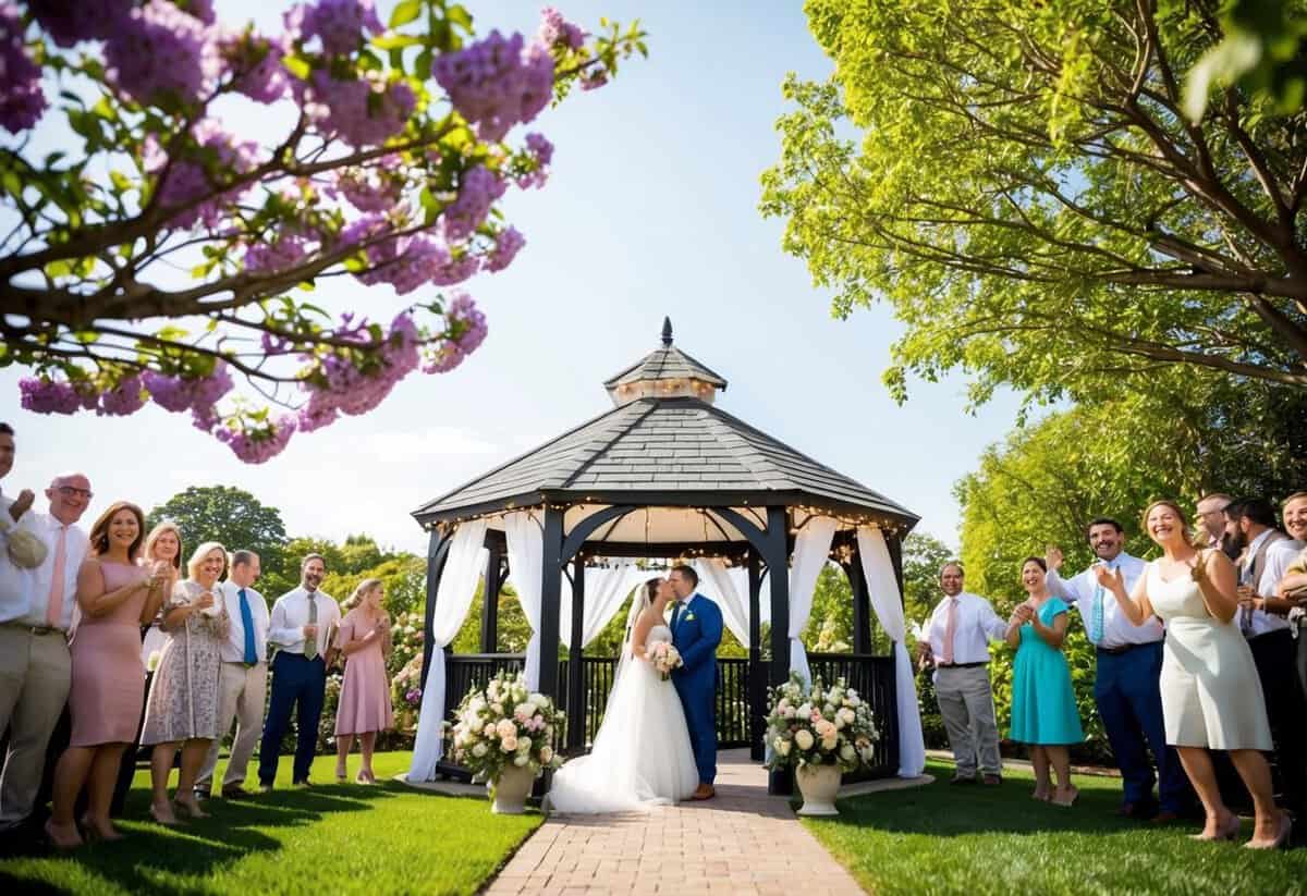 A sunny outdoor setting with blooming flowers and a gazebo decorated with white drapes and fairy lights, surrounded by happy and excited guests