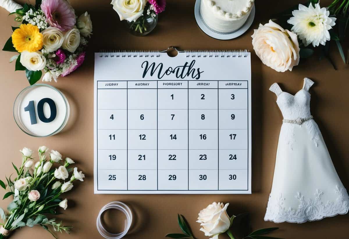 A calendar with 10 months marked, surrounded by wedding-related items like flowers, a cake, and a dress