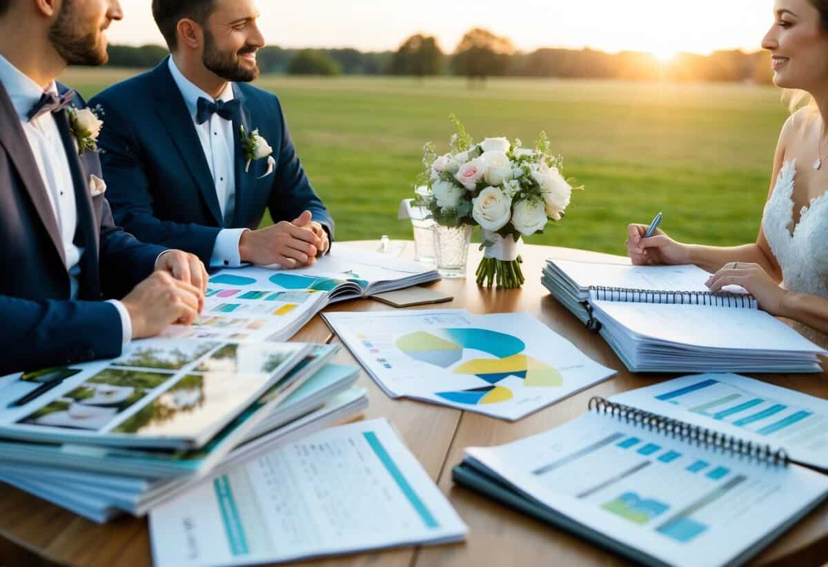 A couple sits at a table covered in wedding magazines and spreadsheets, discussing and planning their upcoming wedding