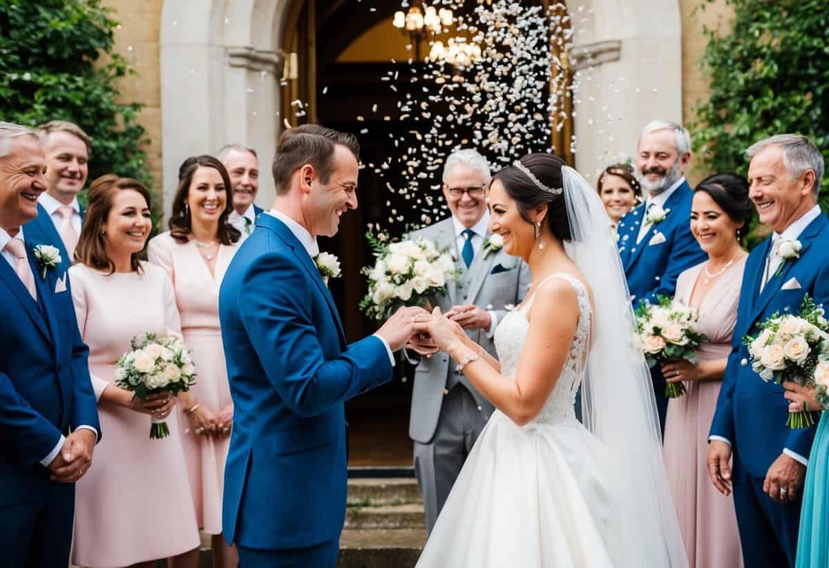 A bride and groom exchange rings at the altar, surrounded by family and friends. A bouquet is thrown, and the couple exits under a shower of confetti
