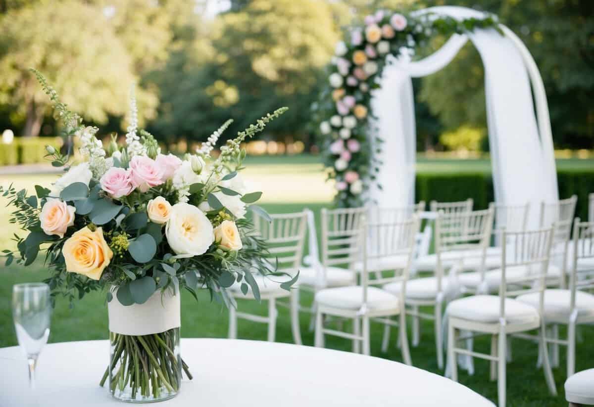 Flowers arranged on tables, chairs set in rows, and a wedding arch adorned with greenery and flowers
