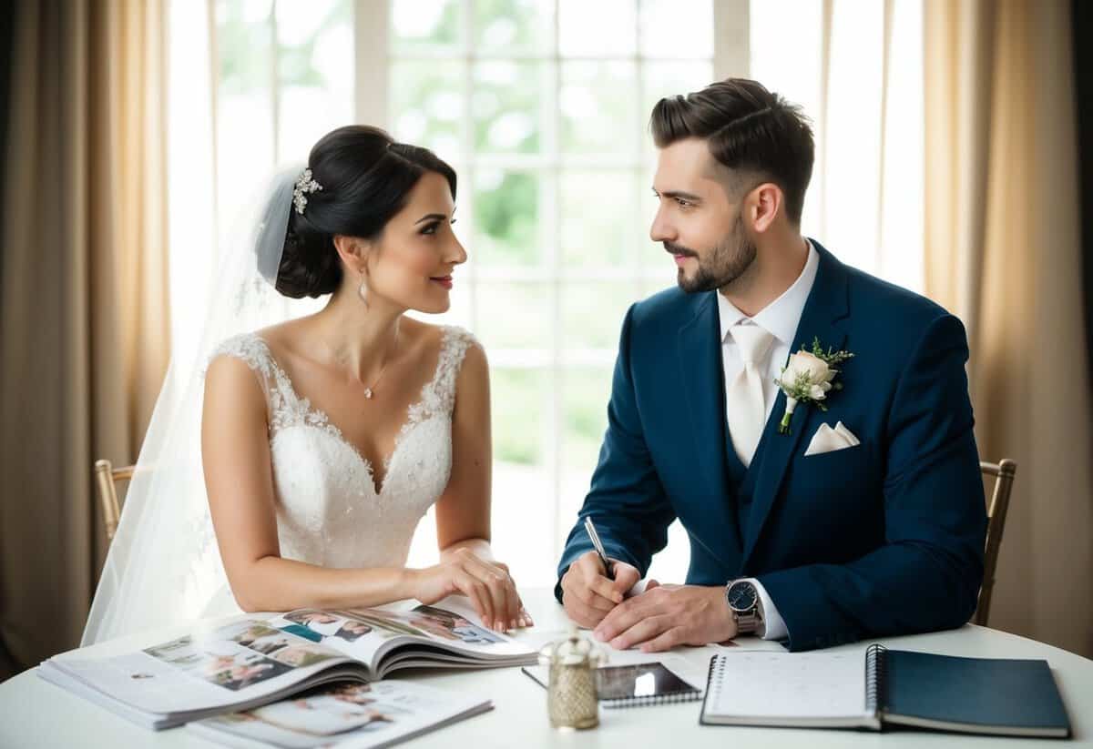 A bride and groom sit at a table surrounded by wedding magazines, a calendar, and a notebook. They are discussing and planning their wedding in 10 steps