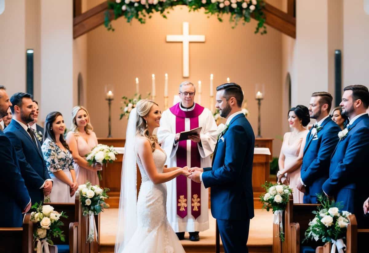 A bride and groom stand at the altar, exchanging vows as guests look on. A pastor or officiant leads the ceremony, with flowers and decorations adorning the space