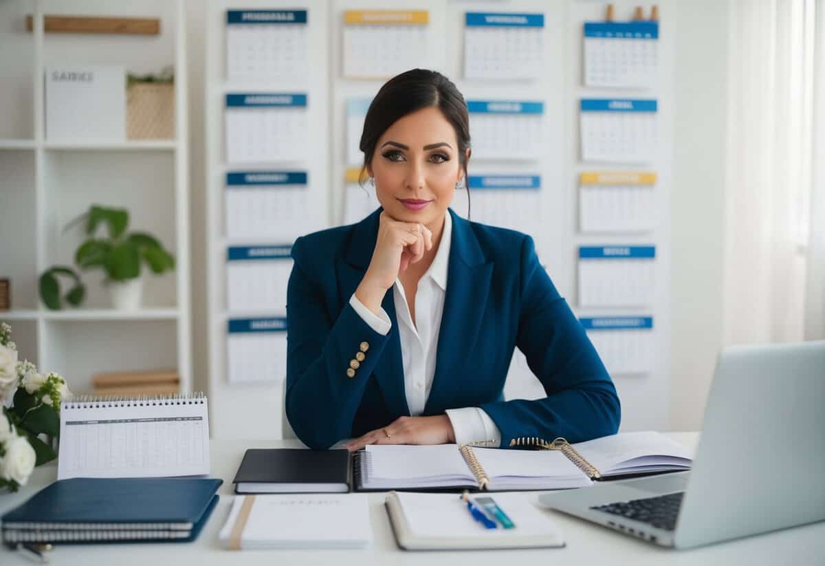 A wedding planner sits at a desk surrounded by calendars, notebooks, and a laptop. They are deep in thought, carefully considering all the details for the upcoming event
