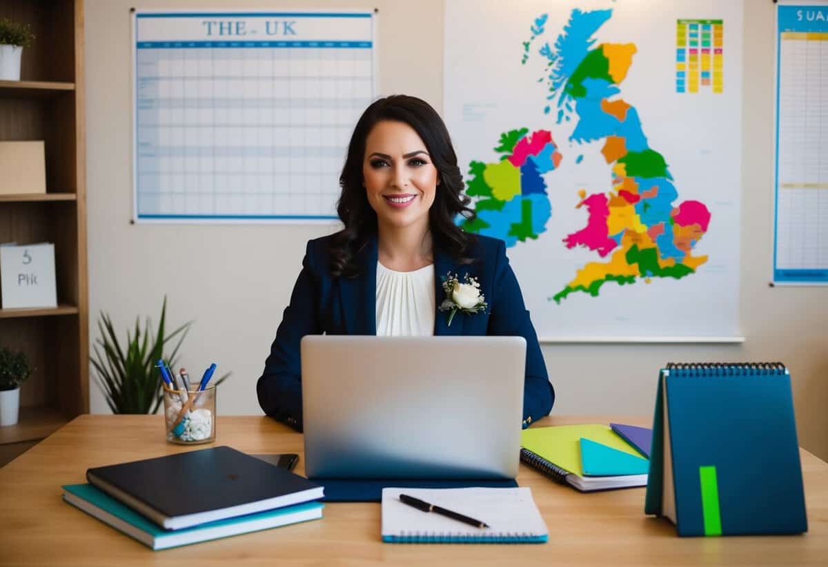 A wedding planner sits at a desk with a laptop, surrounded by notebooks, a calendar, and a checklist. A map of the UK hangs on the wall