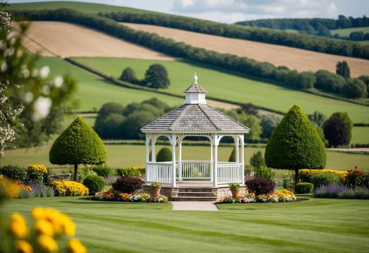 A picturesque countryside wedding venue with rolling hills, a charming gazebo, and colorful flower gardens