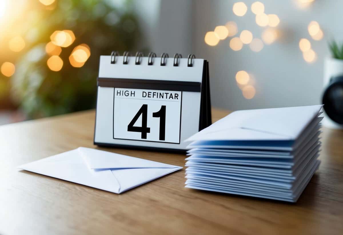 A calendar with a highlighted date and a stack of envelopes ready to be mailed out