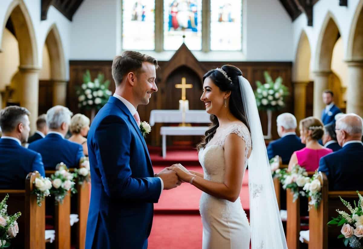 A bride and groom exchanging vows in a traditional English church, with floral decorations and elegant seating arrangements