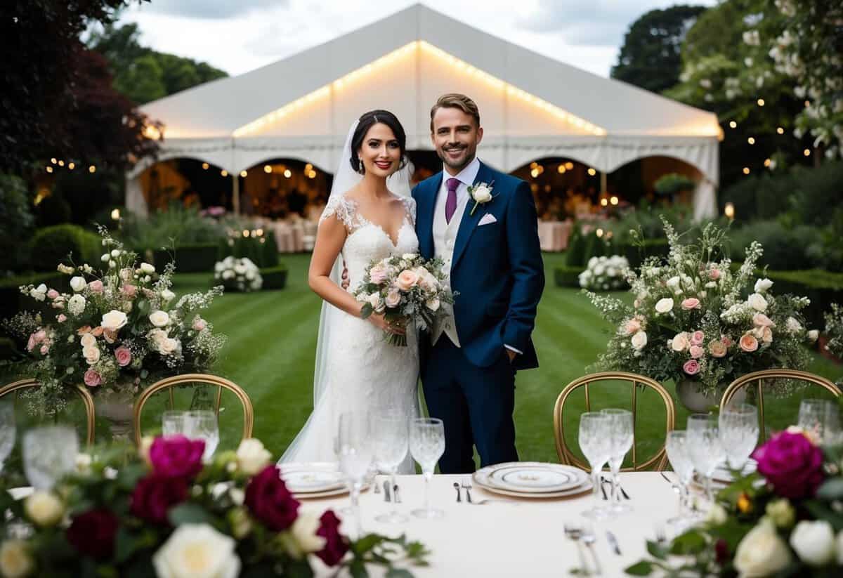 A bride and groom stand in a lush garden, surrounded by elegant floral arrangements and romantic lighting. A table is set with fine china and crystal glassware, while a grand marquee provides a stunning backdrop for the festivities