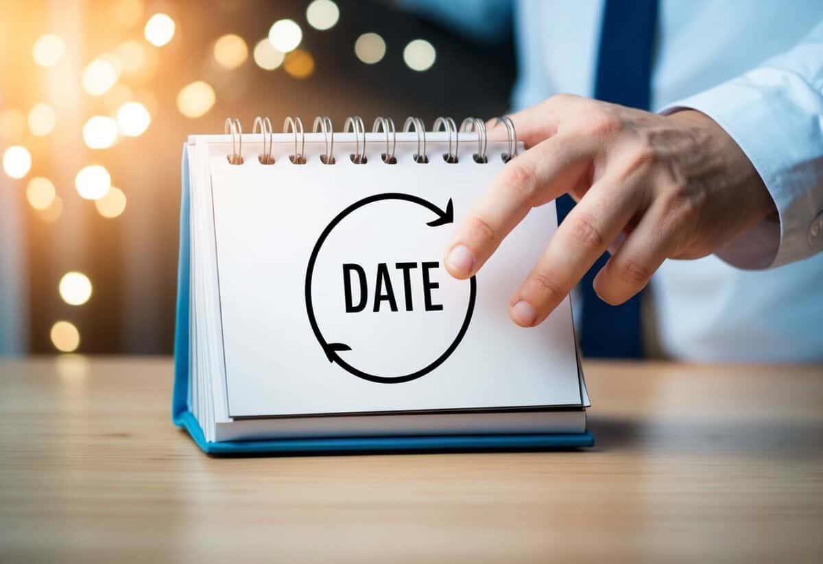 A calendar with a circle around a date and a hand reaching out to grab it
