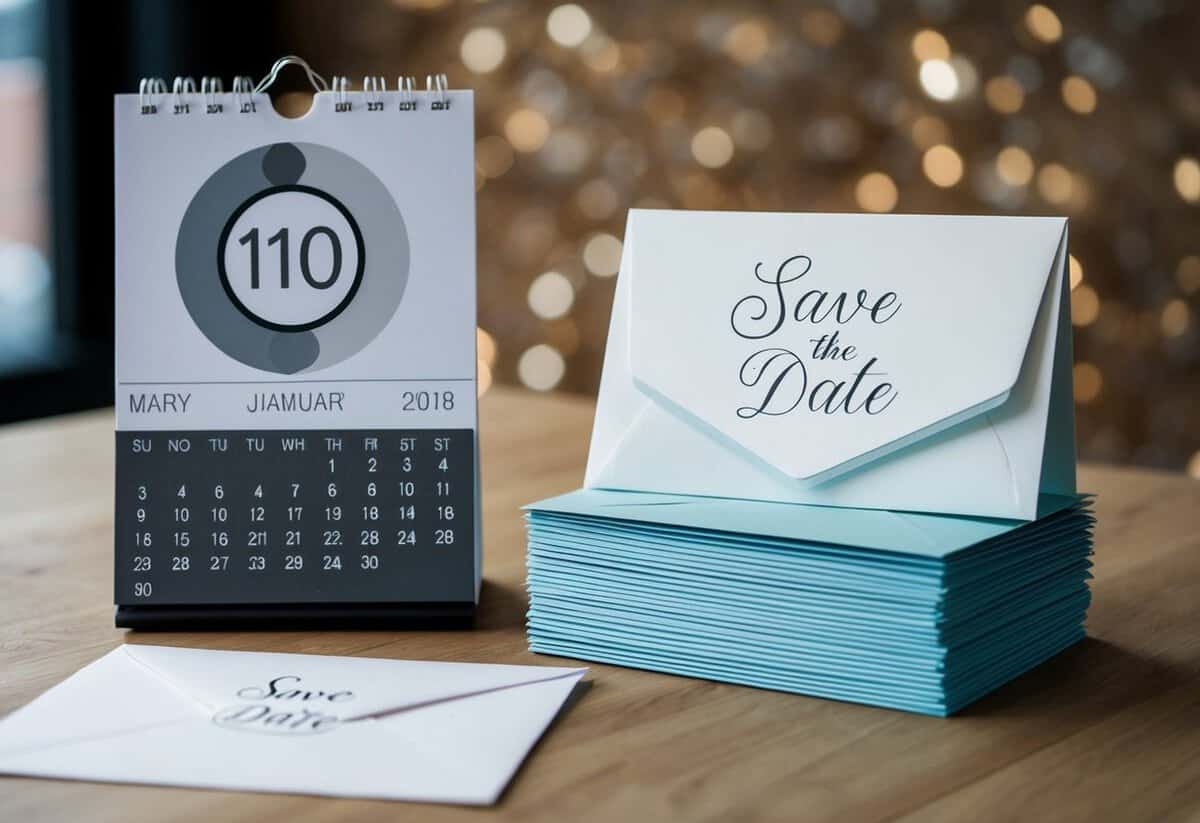A calendar with a circle around the date, a wedding invitation, and a stack of envelopes with "Save the Date" written on them