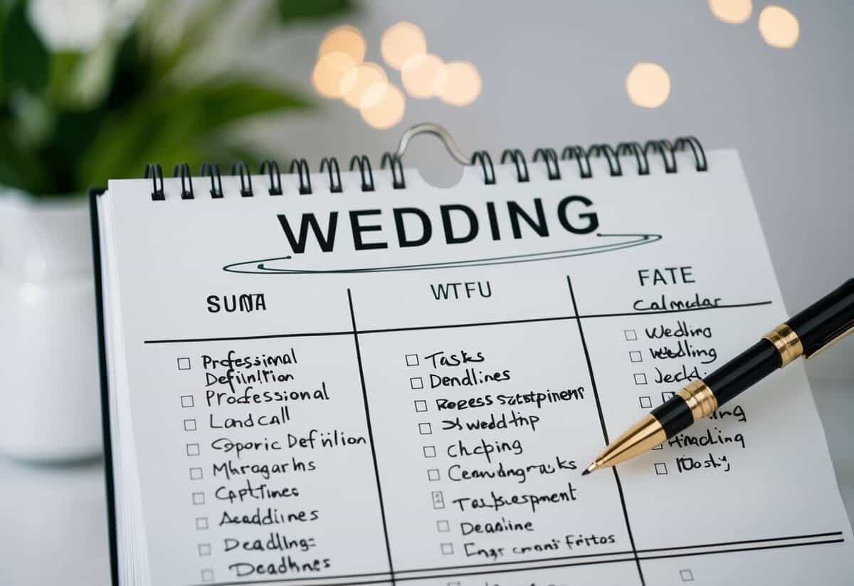 A calendar with the date of the wedding circled and a list of tasks and deadlines written out around it