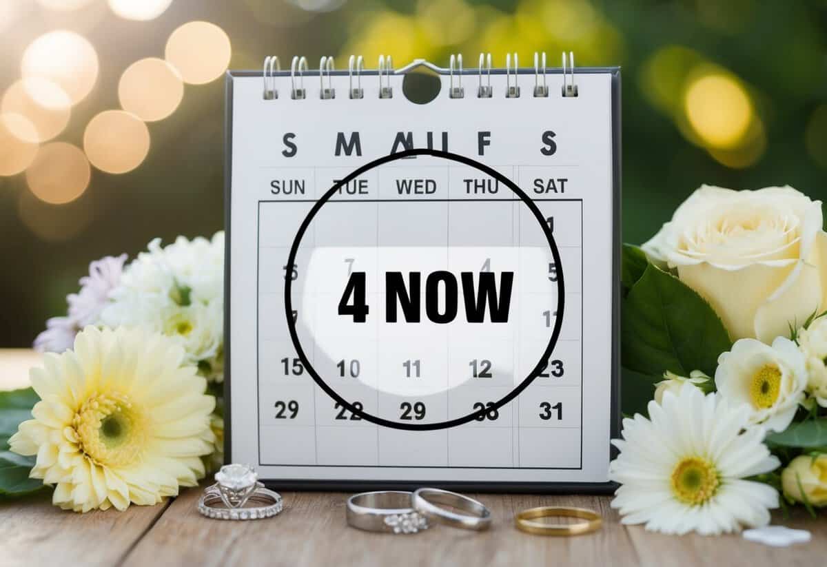 A calendar with a circle around a date 4 months from now, surrounded by wedding-related items like rings, flowers, and a cake