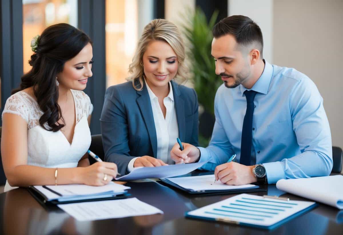A couple sitting at a table with a wedding planner, discussing paperwork and legal documents. The planner is pointing to a checklist while the couple takes notes