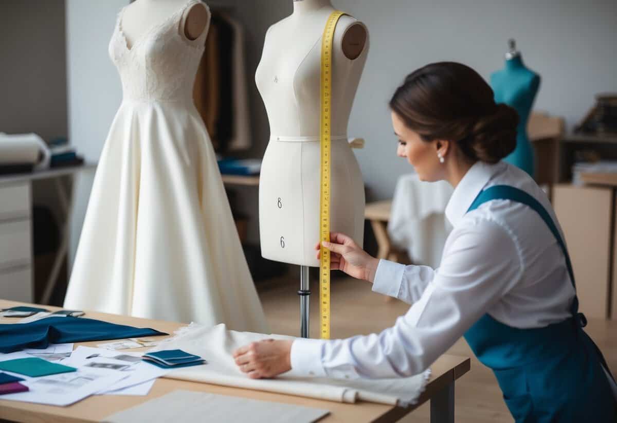 A tailor measuring a wedding dress on a mannequin with fabric swatches and design sketches scattered on a work table