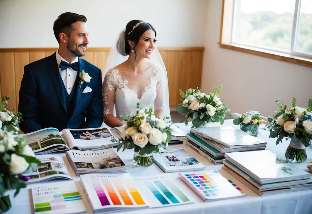A bride and groom sit at a table covered in wedding magazines and planning books, surrounded by color swatches and floral arrangements