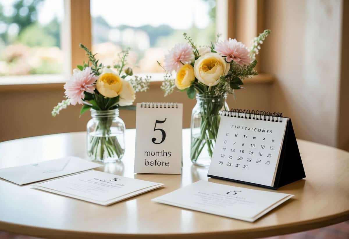 A table with wedding invitations, flowers, and a calendar marked 5 months before the wedding