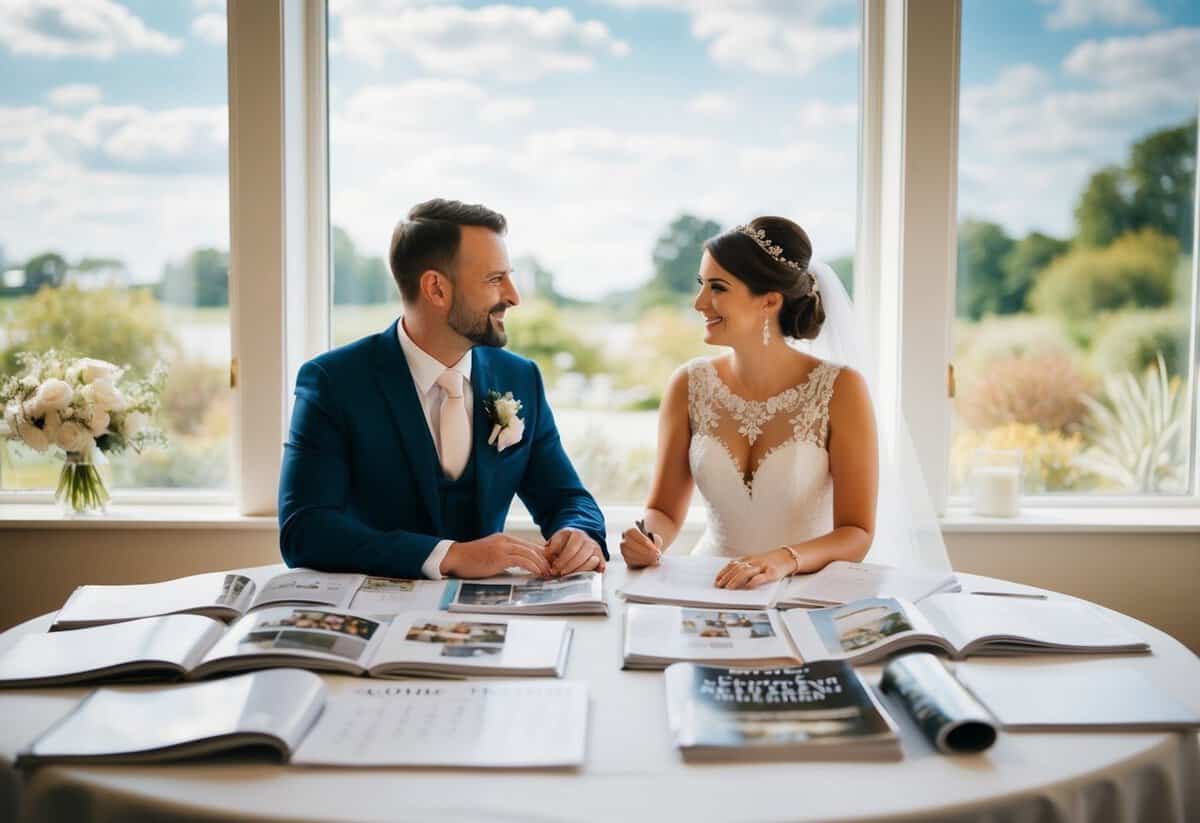 A couple sits at a table covered in wedding magazines and a calendar, discussing and planning their upcoming wedding