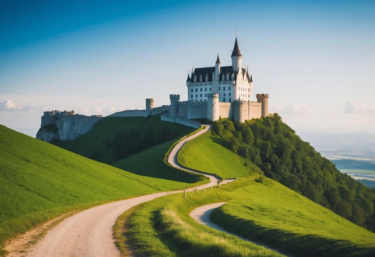 A winding path through lush green hills leads to a grand castle atop a cliff, with a clear blue sky and a sense of anticipation in the air