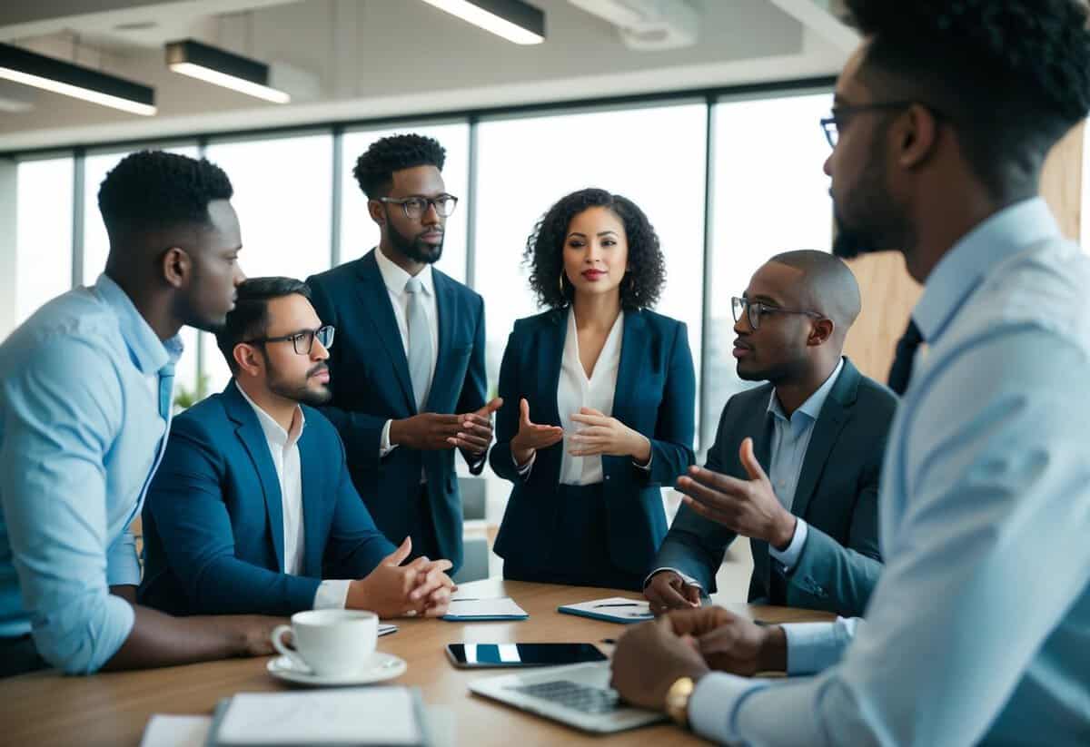 A group of diverse individuals discussing finances and social issues in a modern office setting