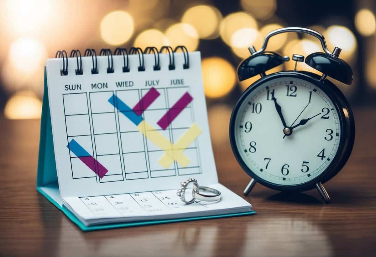A calendar with 10 months crossed off, a broken engagement ring, and a clock showing a short passage of time