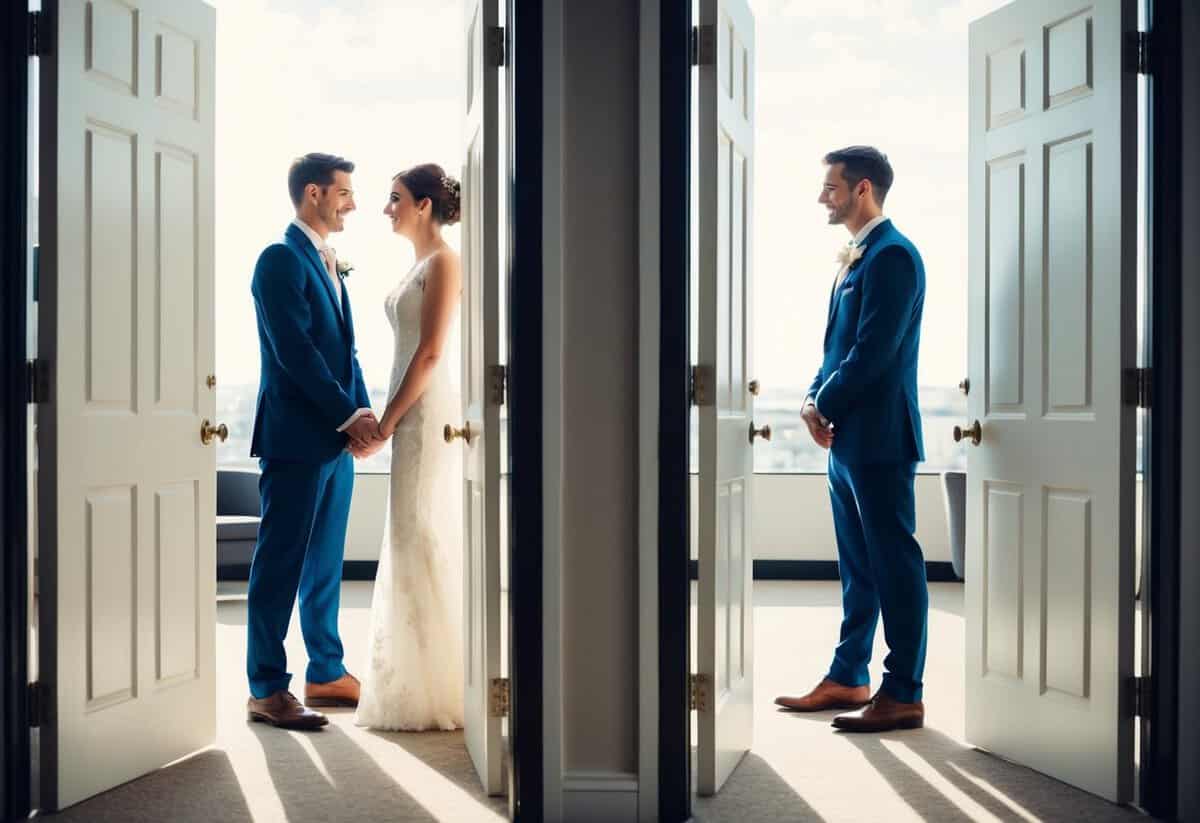A bride and groom stand on opposite sides of a closed door, their shadows stretching towards each other