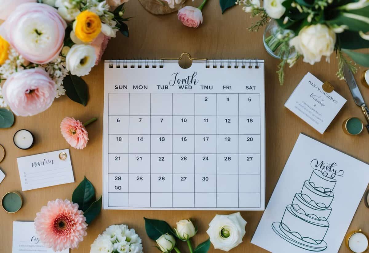 A calendar with 8 months marked, surrounded by wedding planning materials like flowers, invitations, and a cake sketch
