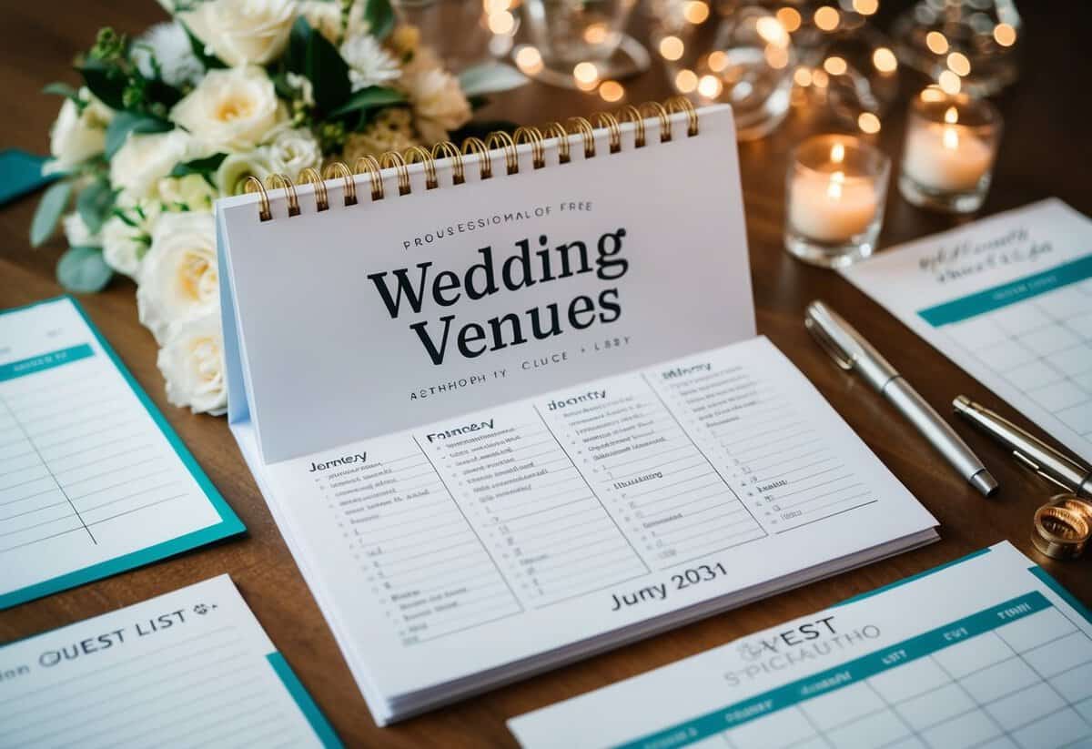 A calendar with wedding venues and guest list, surrounded by planning materials and decorations