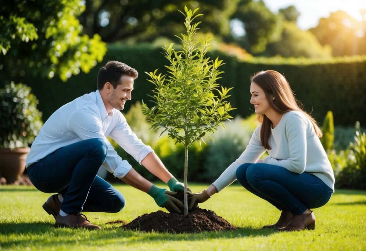 A couple planting a tree together in a lush garden