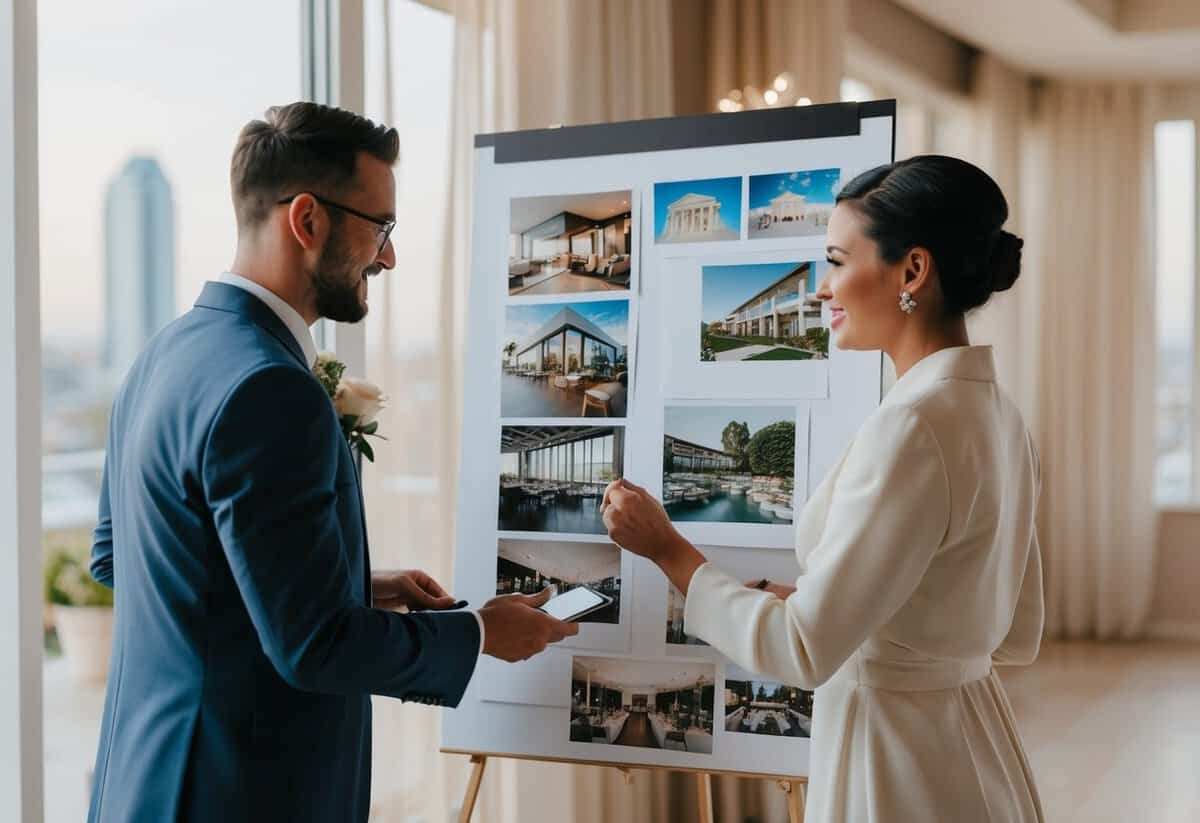 A couple researching venues and creating a vision board for their dream wedding