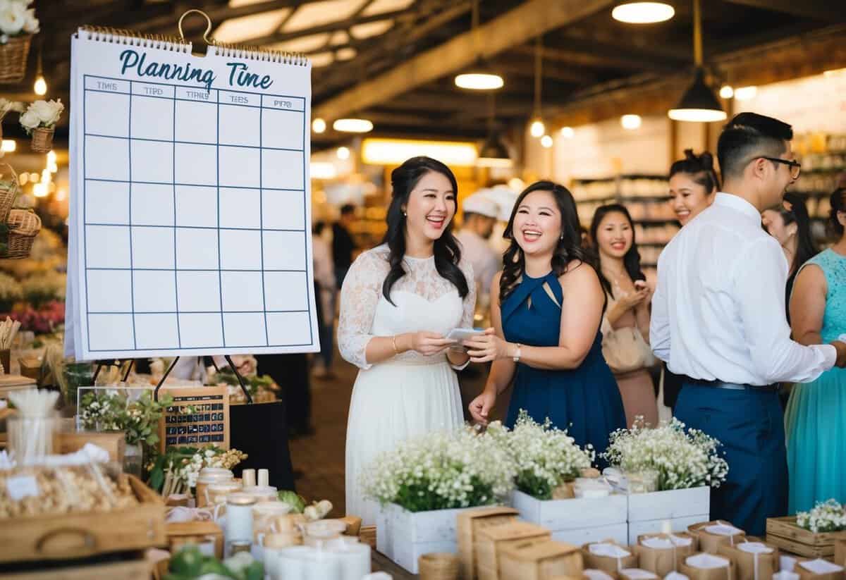 A bustling market with vendors selling wedding decorations and supplies. A calendar showing 8 months of planning time. Excited chatter and laughter at pre-wedding events