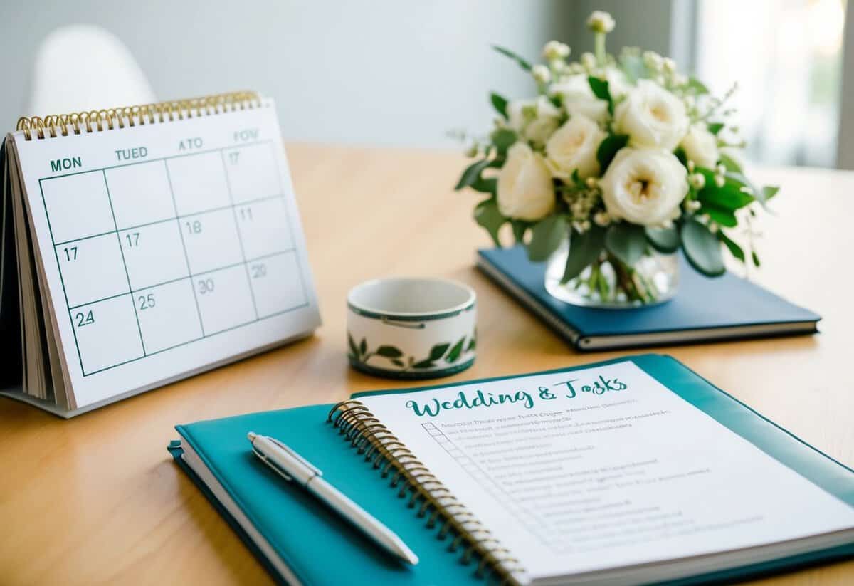 A calendar with marked dates, wedding magazines, and a notebook with a checklist of tasks
