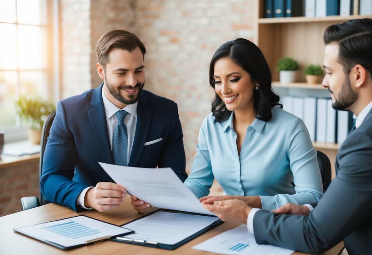 A couple reviewing legal documents and discussing wedding plans with a lawyer in a cozy office setting